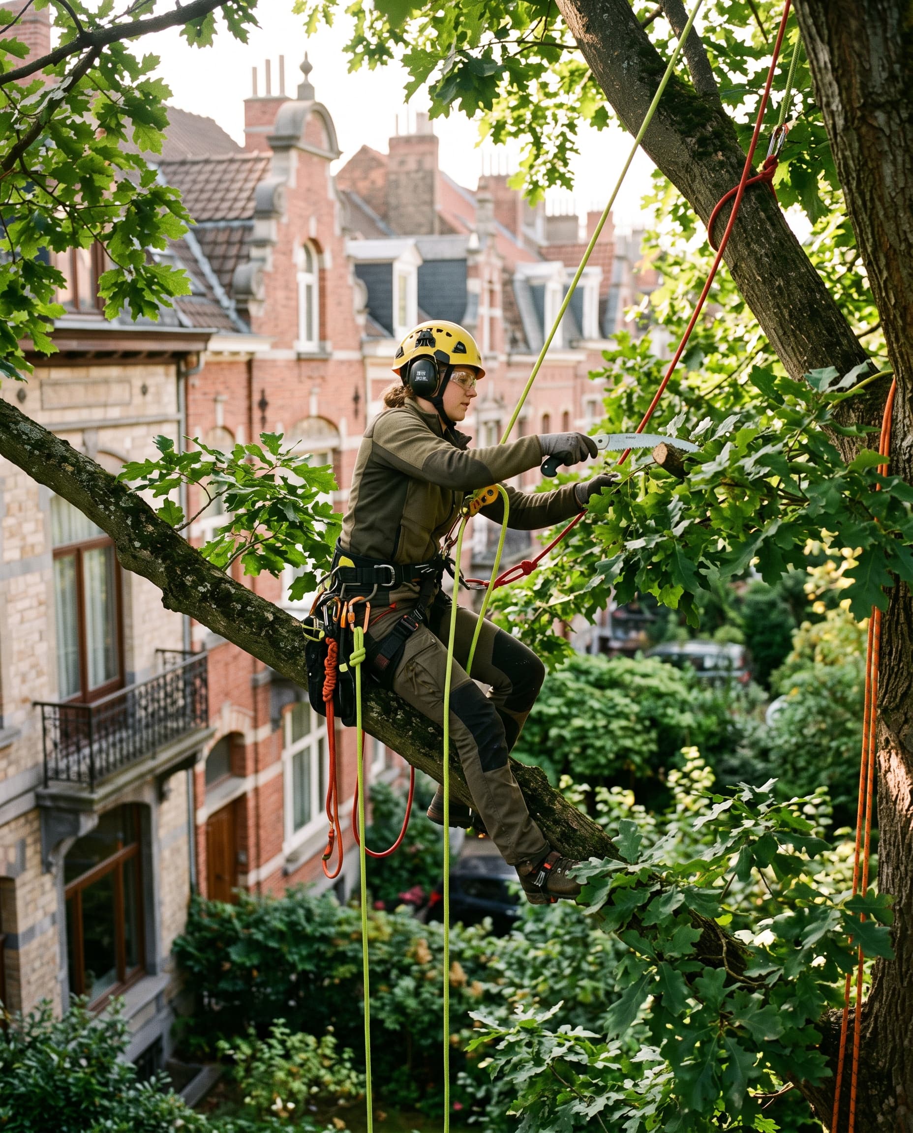 Arboriste-grimpeur Houppier en taille raisonnée sur un grand arbre urbain à Luxembourg